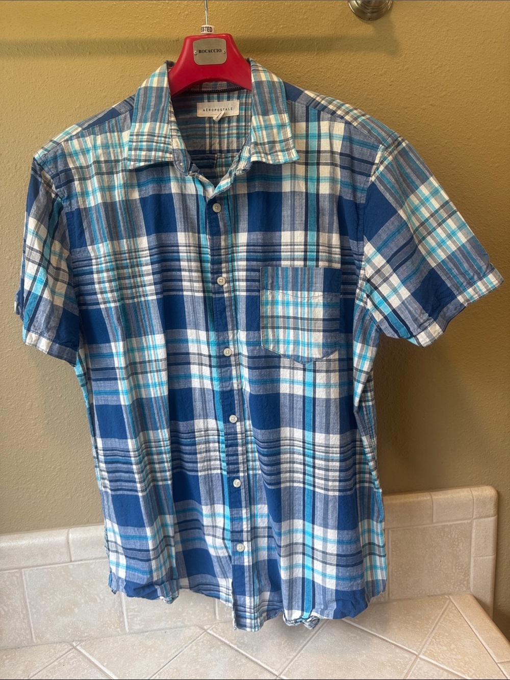 Aeropostale Blue, White & Teal Plaid Short-Sleeve Button-Down Shirt